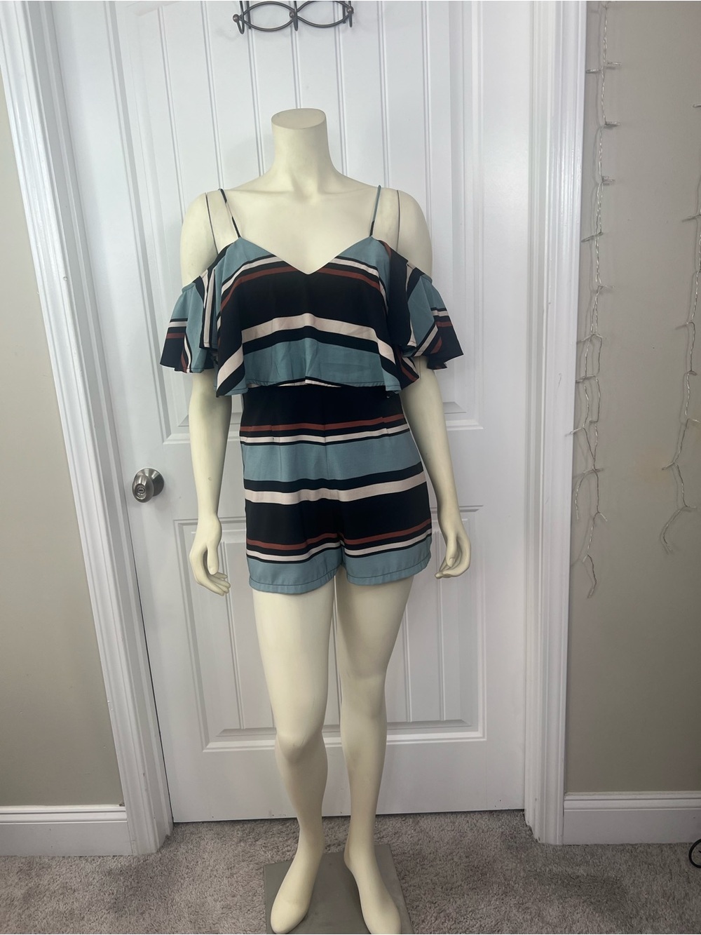 L'ATISTE Striped Romper in Black, Cream, Teal and Rust
